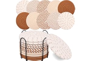 Mckanti 10 Pcs Drink Coasters with Holder, 5 Colors Absorbent Coasters for Drinks, Minimalist Boho Coasters Cotton Woven Coaster Set for Home Decor Tabletop Protection Suitable for Kinds of Cups