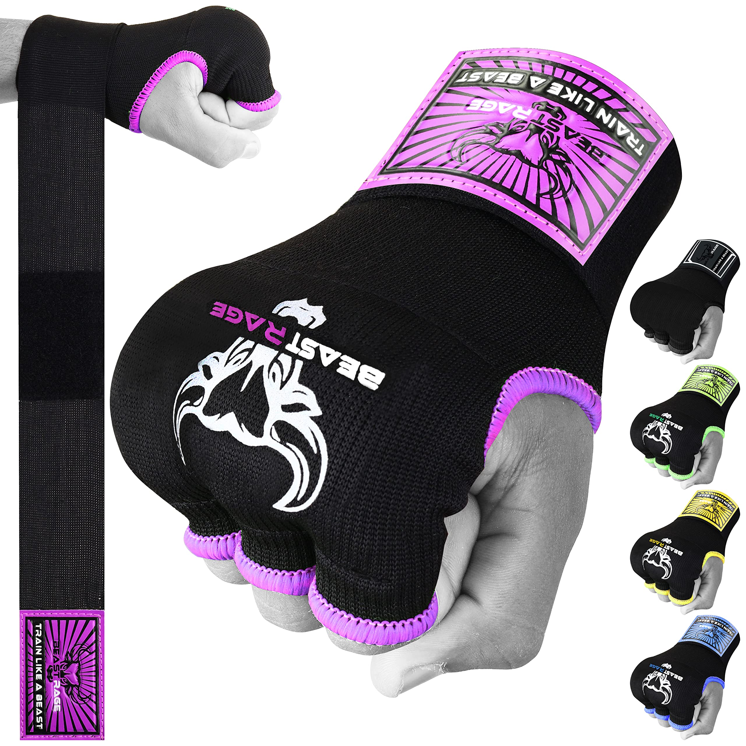 BEAST RAGE Boxing Wraps Hand Gel Gloves MMA 75cm Long Wrap Padded Elasticated Quick Boxing Punching Bag Training Muay Thai Hand Wraps set UFC Bandages For Mens Ladies kids (M (Adult), Purple)
