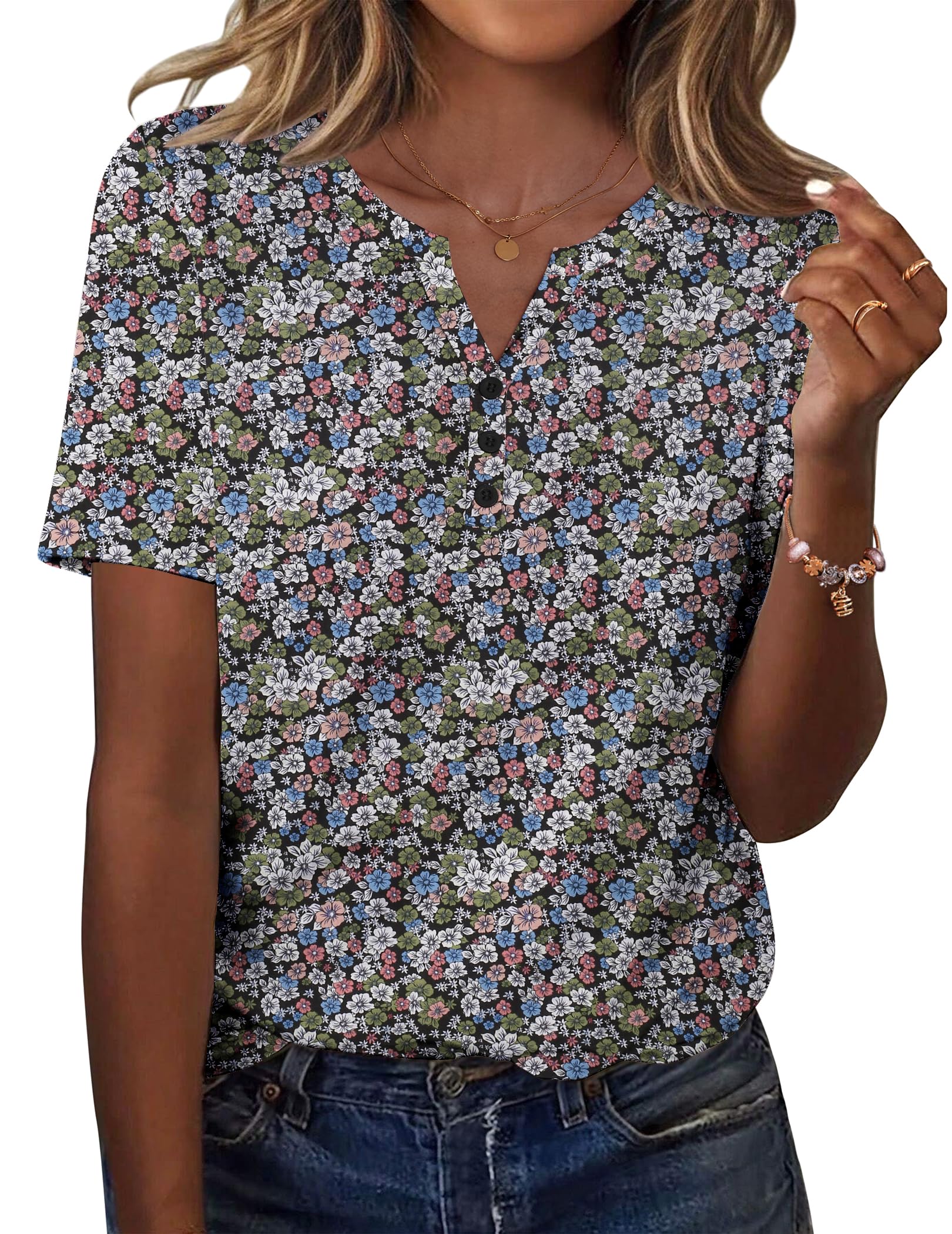 Zeagoo Tunic Tops for Women Short Sleeve V Neck Floral T Shirts Soft ...