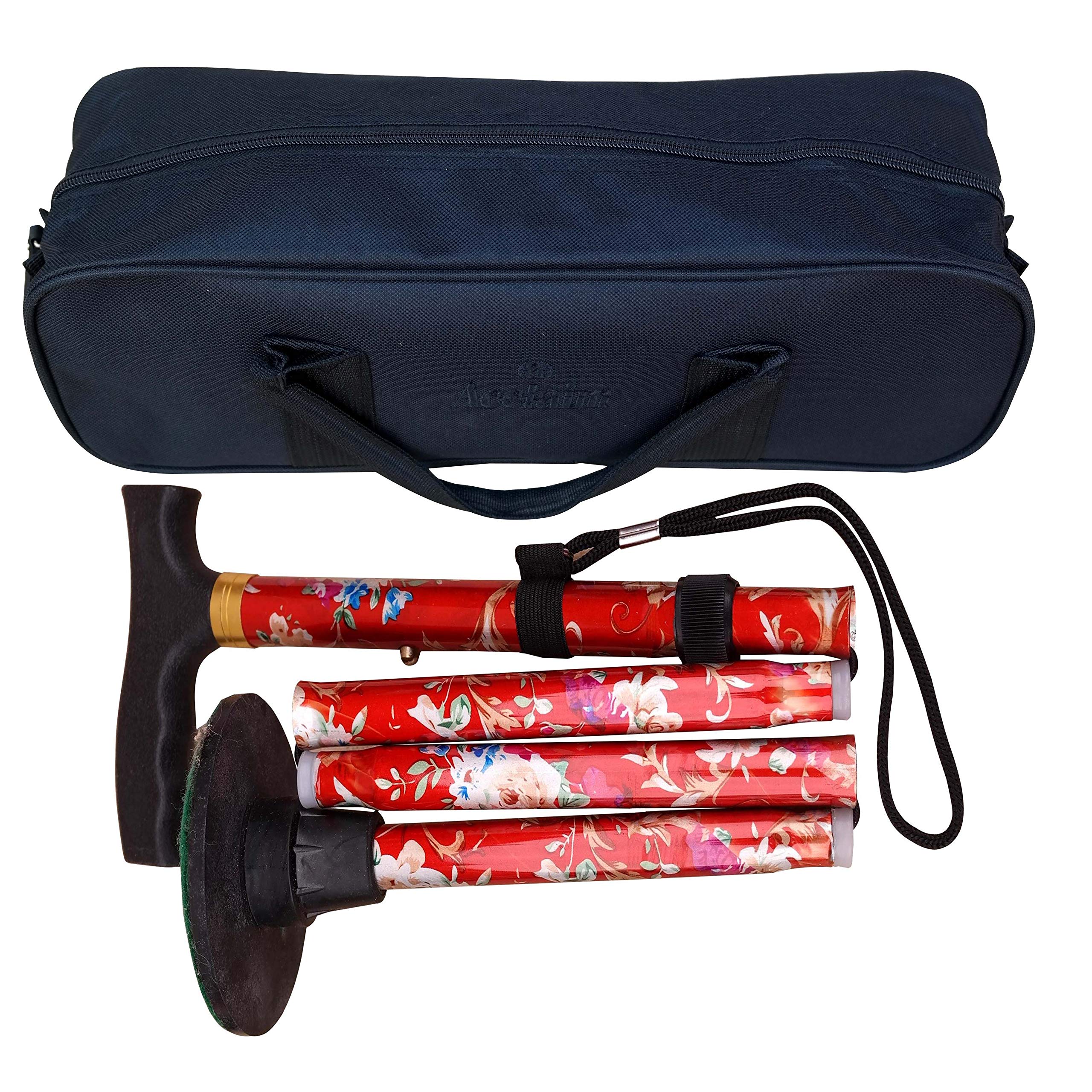 ACCLAIM Bowlers 33"-37" Lawn Bowls Floral Flowered Metal Folding Walking Stick & Green Protector With Green Synthetic Felt Base In Carrying Bag (Red Floral)
