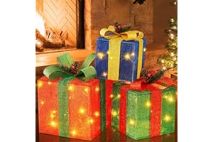 Christmas Lighted Gift Boxes, X - Large Set of 3 LED Light Up Present Boxes Ornaments Set, Christmas Decorations for Outdoor Indoor Yard Porch Xmas Tree Holiday Home Party Decor, Housen Solutions