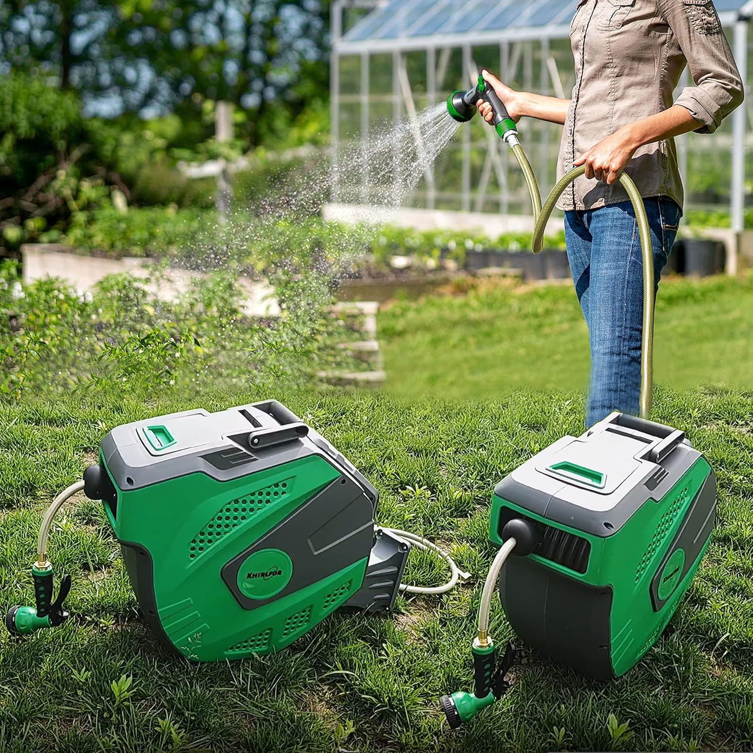 Khirlfor Garden Hose Reel Retractable Water Hose Holder Wall Mount 100 ft Hose with 7 Pattern Hose Nozzle : Garden & Outdoor