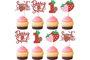 Cyodoos 24Pcs Strawberry Sweet One Cupcake Toppers Sweet 1st Birthday Strawberry Cupcake Baby Shower Kids Birthday Anniversary Party Cake Decorations Red