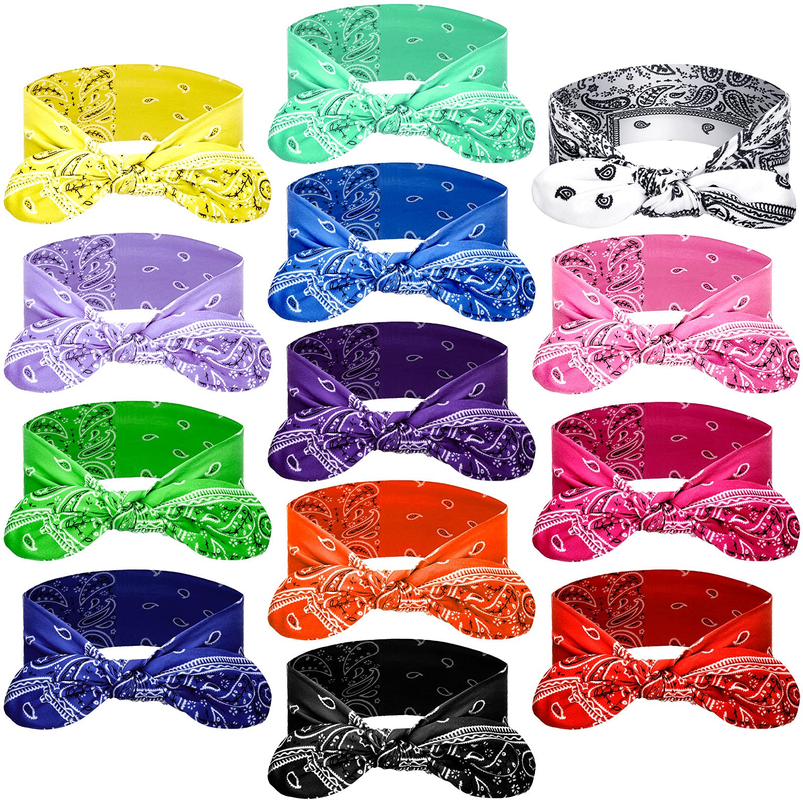 Photo 1 of WILLBOND 13 Pieces Bandana Headband for Women Paisley Hair Bandanas Boho Bow Headbands Elastic Knot Rabbit Ear Head Wrap Cute Hair Accessories for Women 7.87x2.75 Inch(Stylish Color)