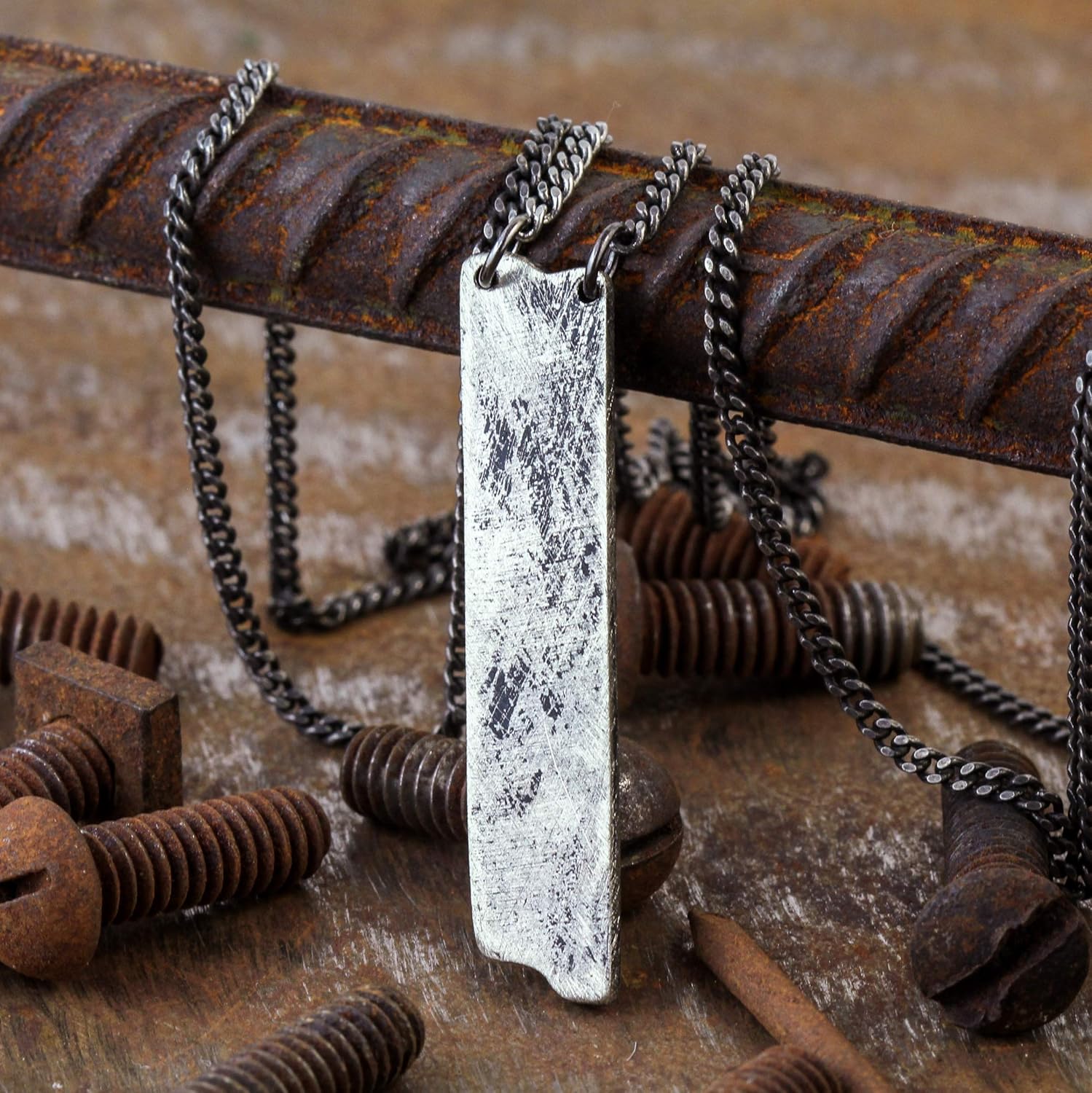 Men's Rustic Silver Custom Engraved Pendant Necklace