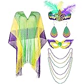 8 Pcs Mardi Gras Outfit for Women Mardi Gras Shawl Scarf Sequin Headband Eye Patch Earrings Necklace Apparel Costume Accessories Masquerade Carnival Party