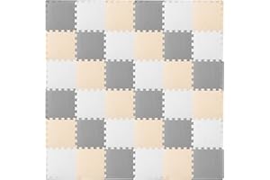 ProSource Foam Puzzle Floor Play Mat for Kids and Babies with Solid Colors, 36 or 16 Interlocking Tiles with Borders, White/Grey/Beige