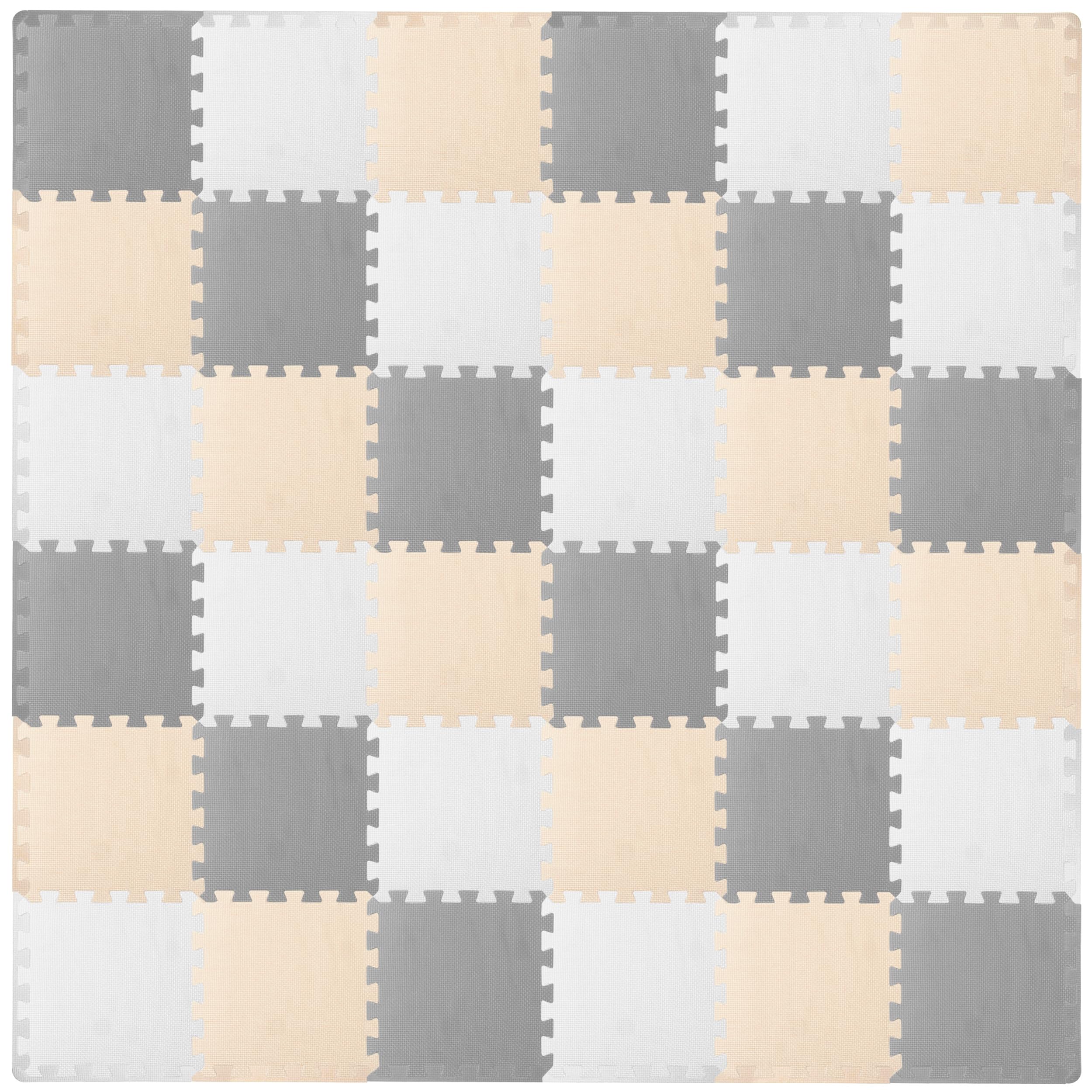 Photo 1 of ***3 PACKS*(2 Packs are factory sealed, 1 pack is open)*** ProSource Foam Puzzle Floor Play Mat for Kids and Babies with Solid Colors, 36 or 16 Interlocking Tiles with Borders, White/Grey/Beige
