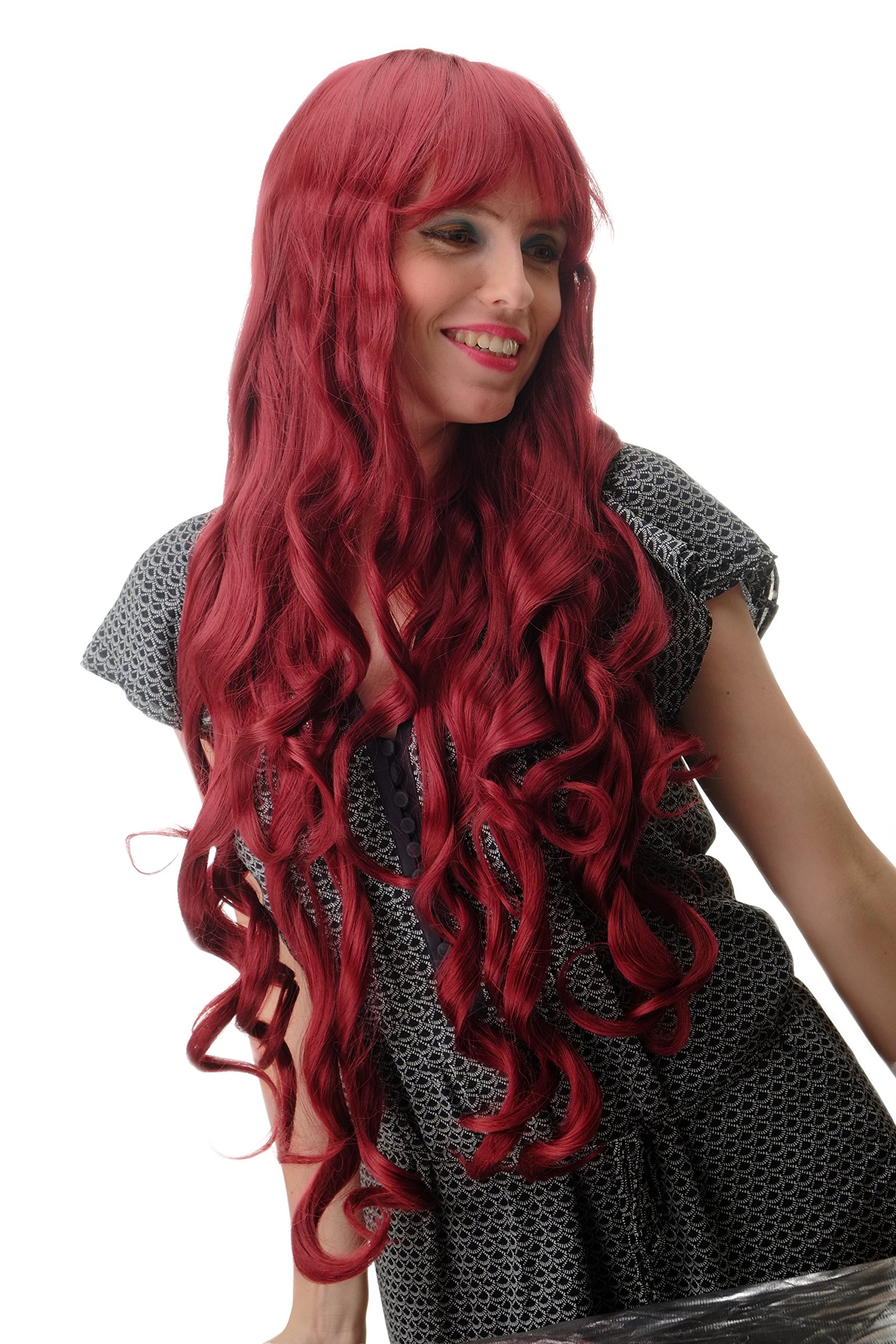 WIG ME UP - GFW501L-39 Lady Quality Wig very long elaborate middle parting + bangs curls curled burgundy red 27inch