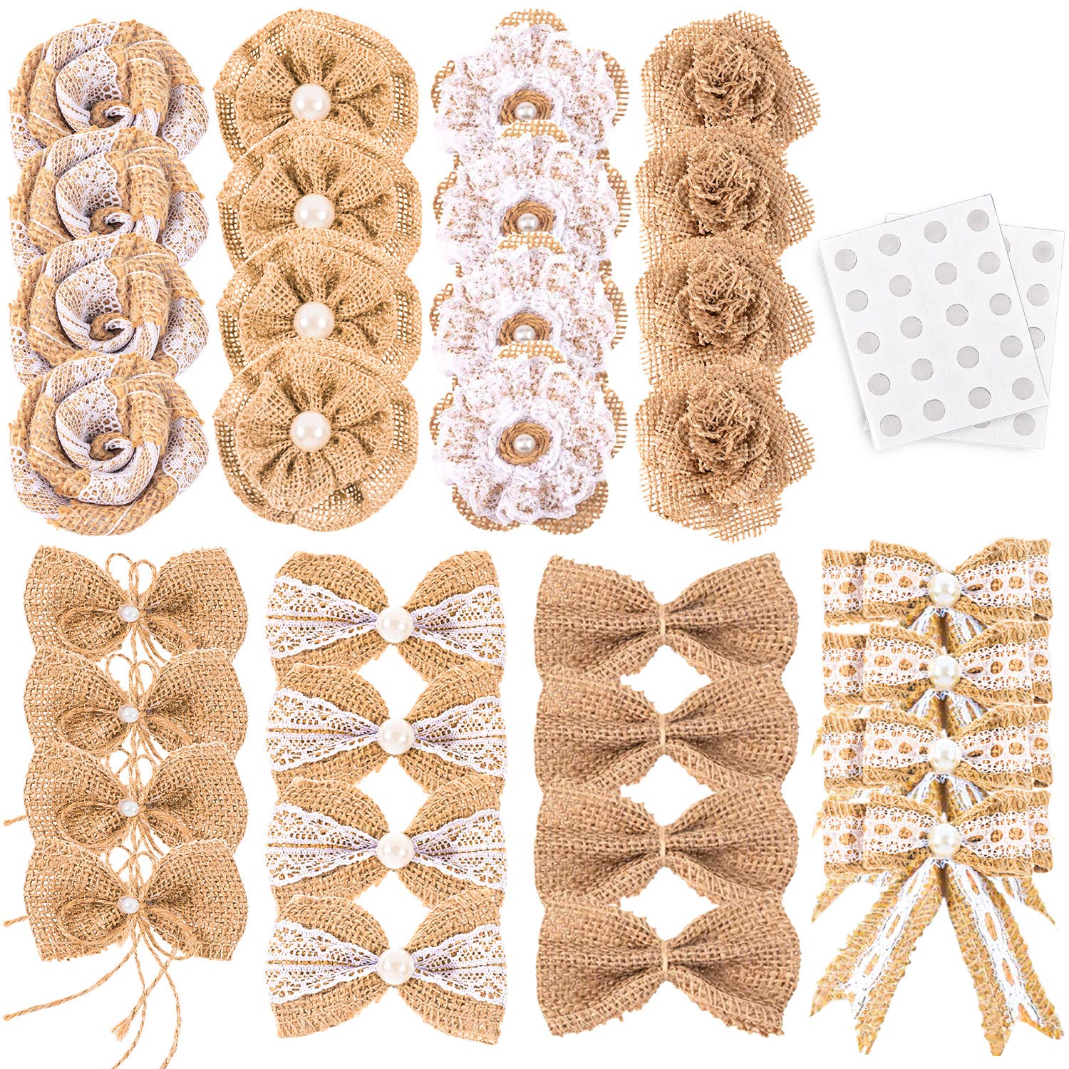 Whaline 32Pcs Burlap Flowers and Burlap Bowknots Set, Including Vintage Burlap Rose Flowers, Jute Twine Burlap Flowers, Pearl Burlap Flowers, Bowknots, 8 Styles for DIY Craft Wedding Party Gift Decor
