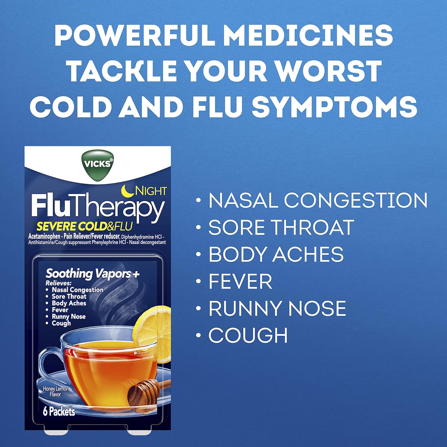 Vicks Flutherapy Severe Cold and Flu, Nighttime, Nasal Decongestant, 6 Packets - Hot Drink with Soothing Vapors: Health & Personal Care
