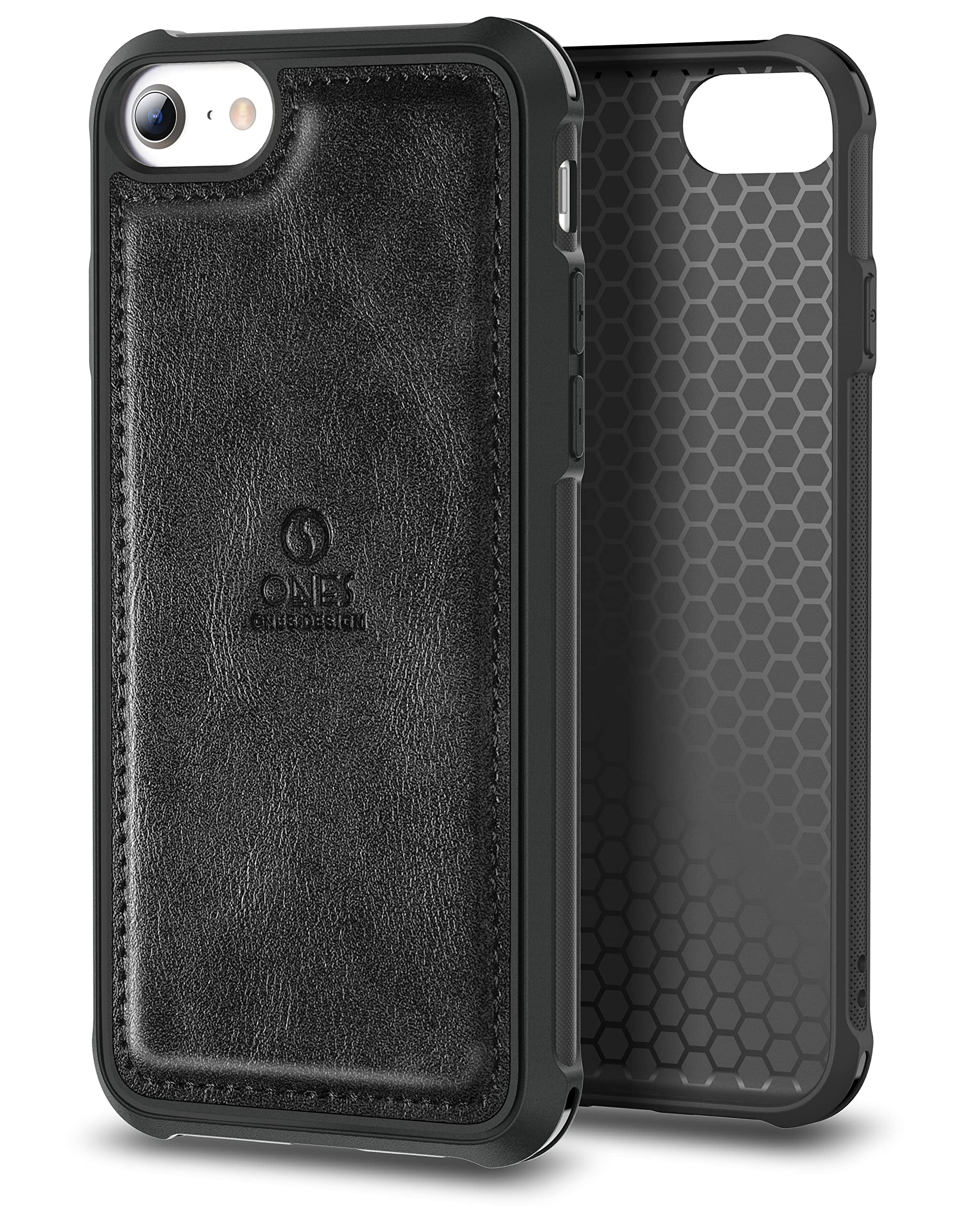 ONES for iPhone SE3 SE2 SE 8 7 PU Leather Case 『 Four Corner Airbags 』『 Anti-fingerprint 』『 TPU Bumper Non-slip 』『Wireless Charging』 Sturdy Impact Absorb Shockproof Hard Cover - Black