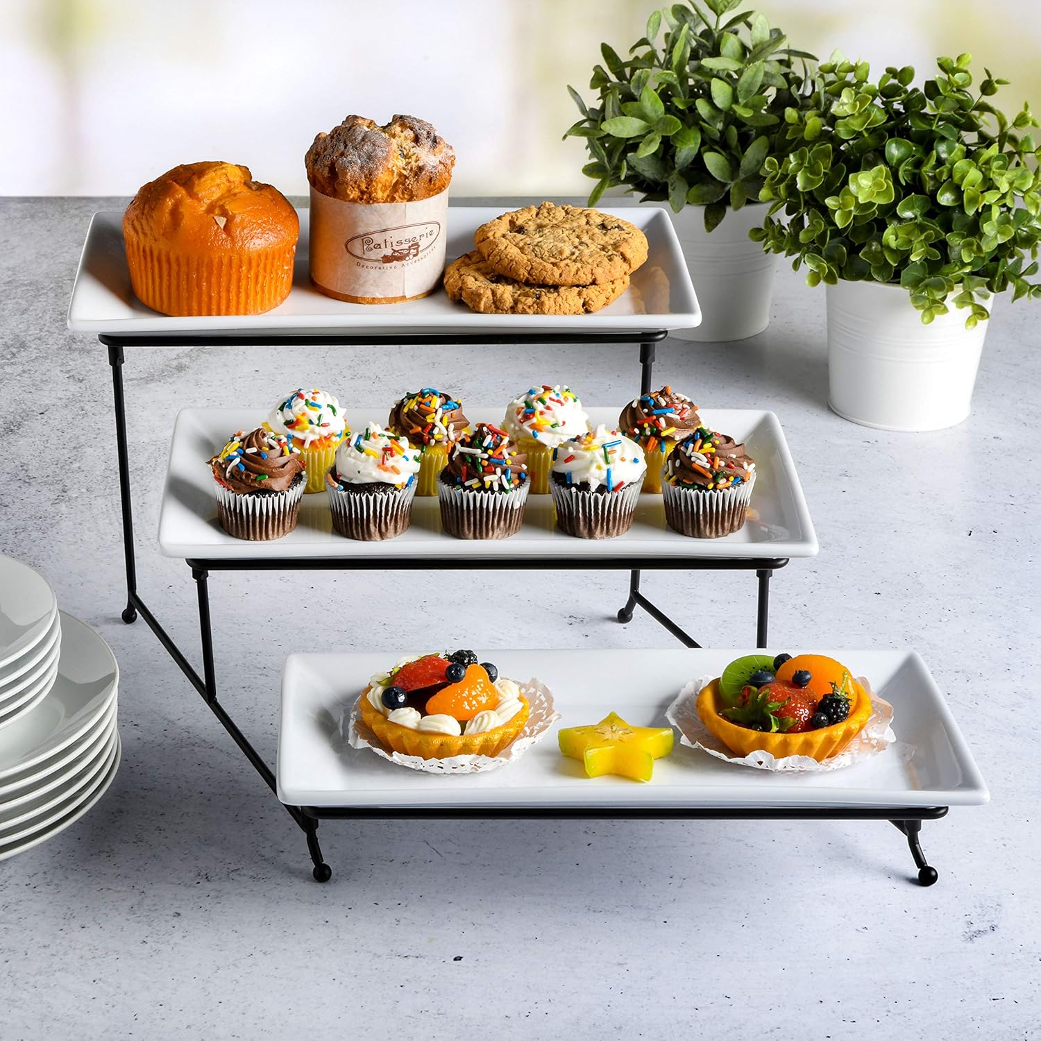 Gibson Elite Gracious Dining Dinnerware, 3-Tier Rectangle Plate Set with Metal Stand, White: Kitchen & Dining
