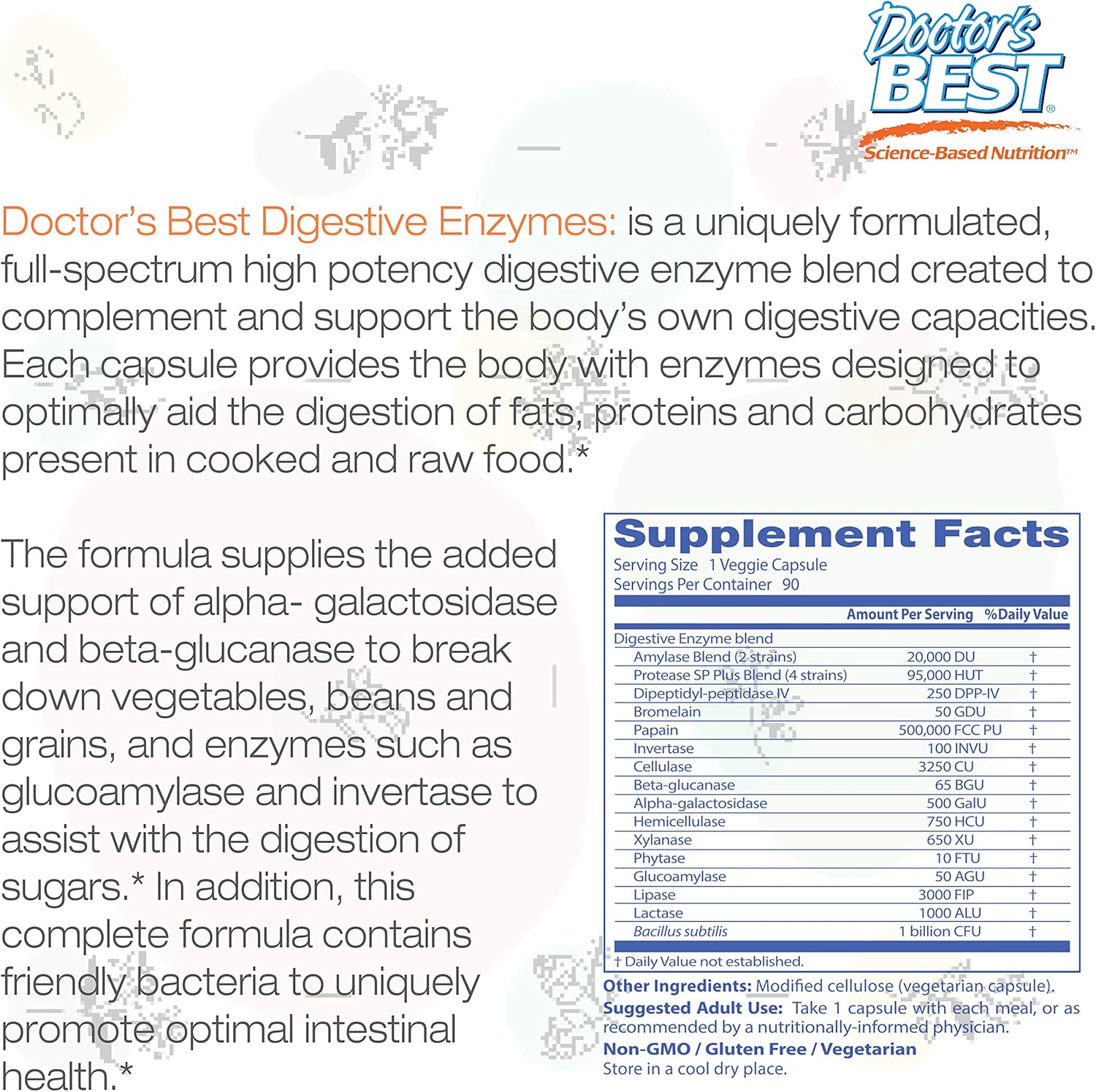 Doctor's Best Digestive Enzymes, Non-GMO, Vegetarian, Gluten Free, 90 Veggie Caps: Health & Personal Care