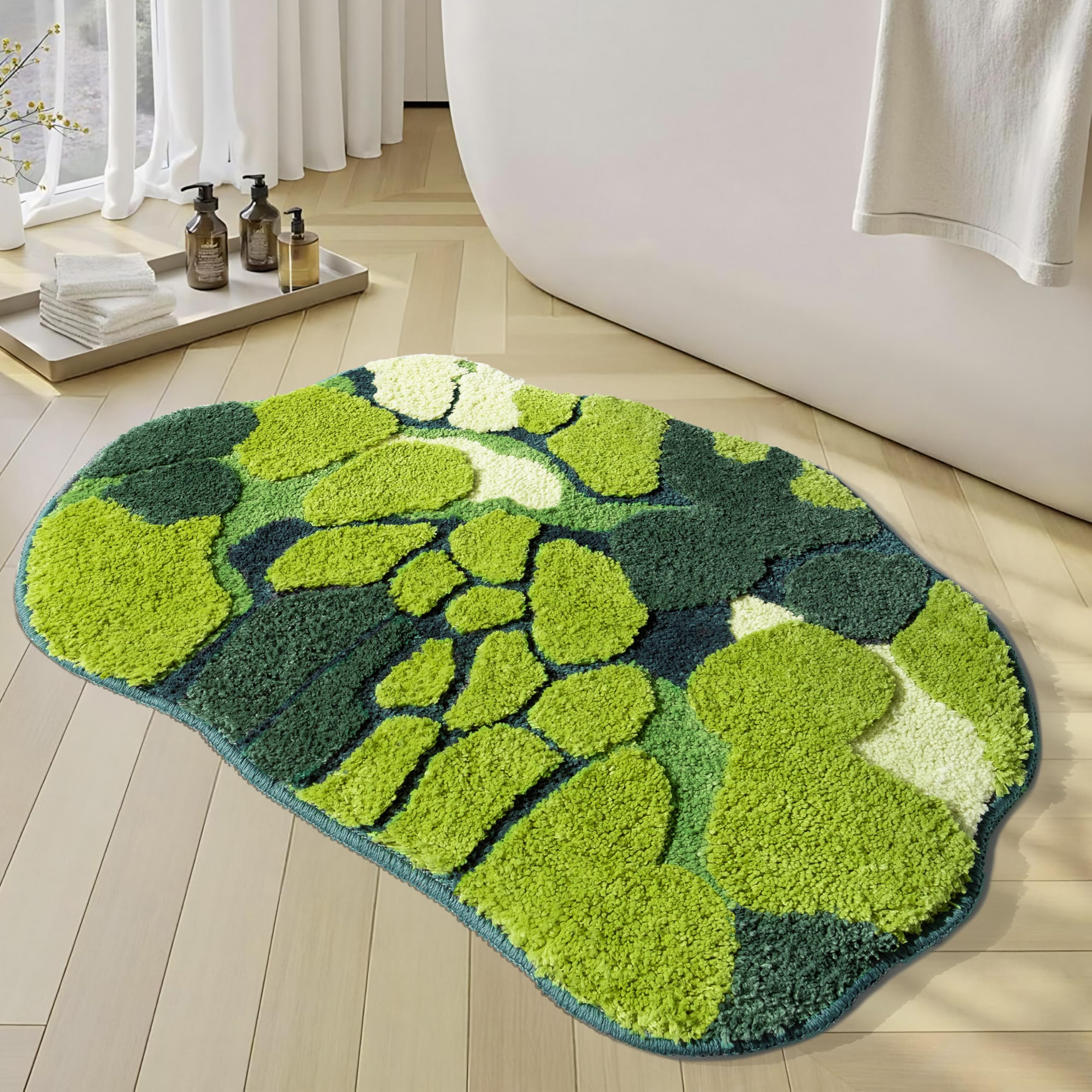 Photo 1 of *** CHECK FLOOR DESIGN ON NELLIS PHOTO*** RORA Bathroom Rugs Moss Bath mat Green Bath mat Cute Leaf Bath Mats Non Slip Soft Microfiber Water Absorbent Aesthetic Moss Rug College Decor for Bathroom Shower,3D Rugs 32×20 Inch