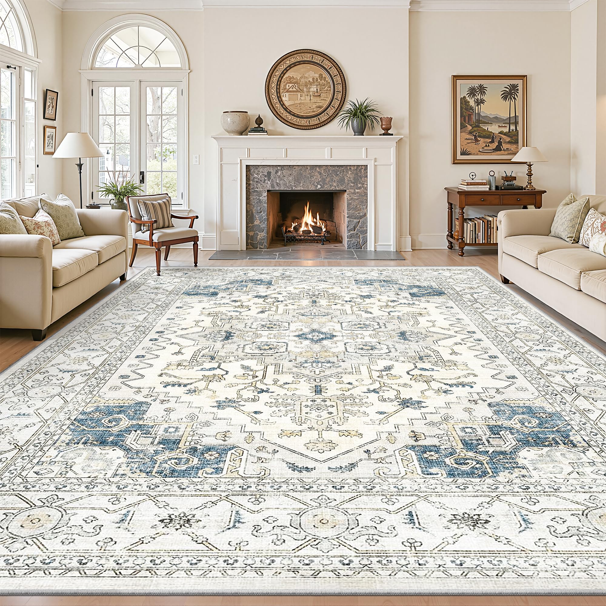 Living Room 10x14 Area Rugs, Washable Area Rug Stain Resistant Carpet Vintage Soft Rugs for Bedroom with Non Slip Backing Indoor Home Decor (10'x 14',BeigeBlue) Image