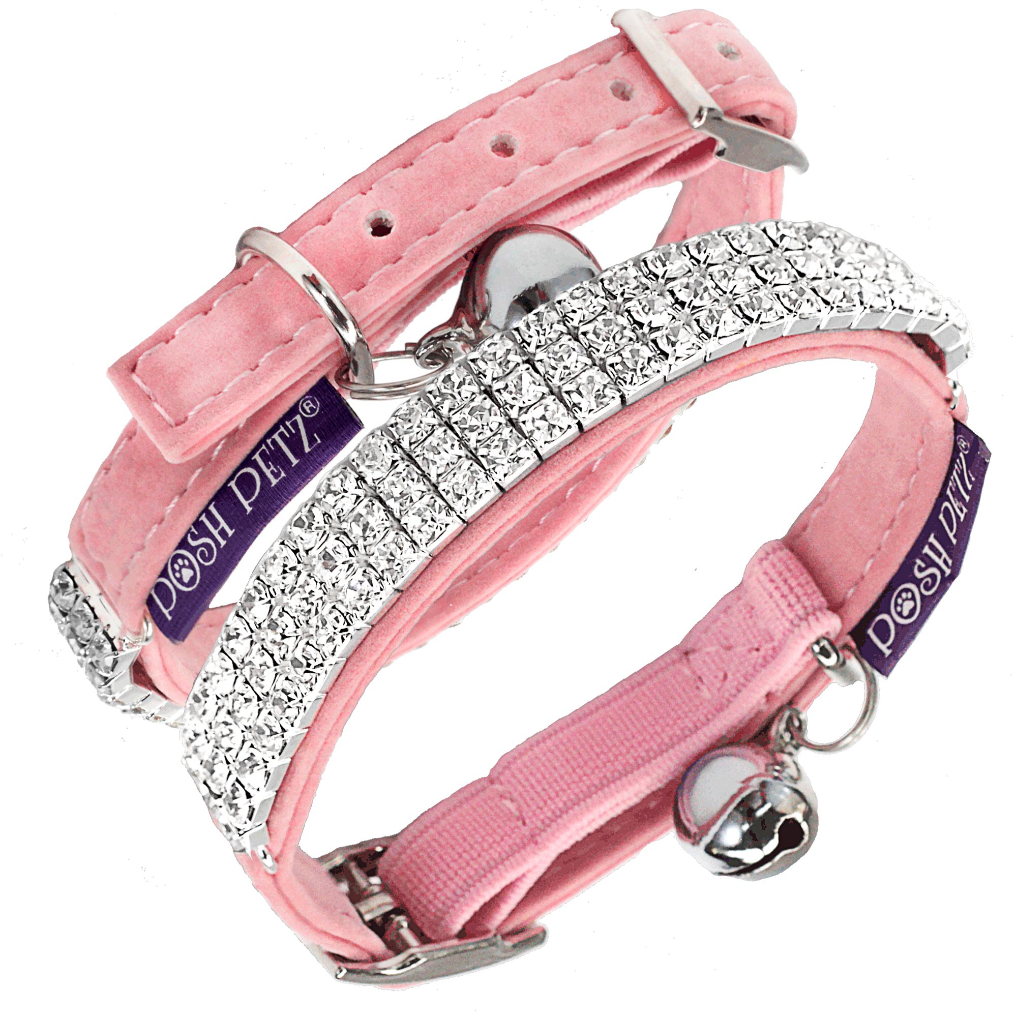 Posh Petz Luxury Soft Velvet Rhinestone Adjustable Cat Safety Collar With Bell Made Pink