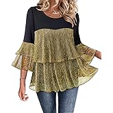 Bebonnie Womens Dressy Sparkly Peplum Tops 3/4 Sleeve Ruffles Elegant Evening Flowy Blouses