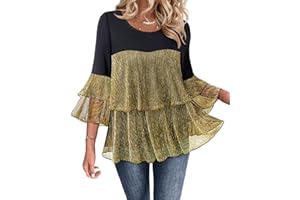 Bebonnie Womens Dressy Sparkly Peplum Tops 3/4 Sleeve Ruffles Elegant Evening Flowy Blouses