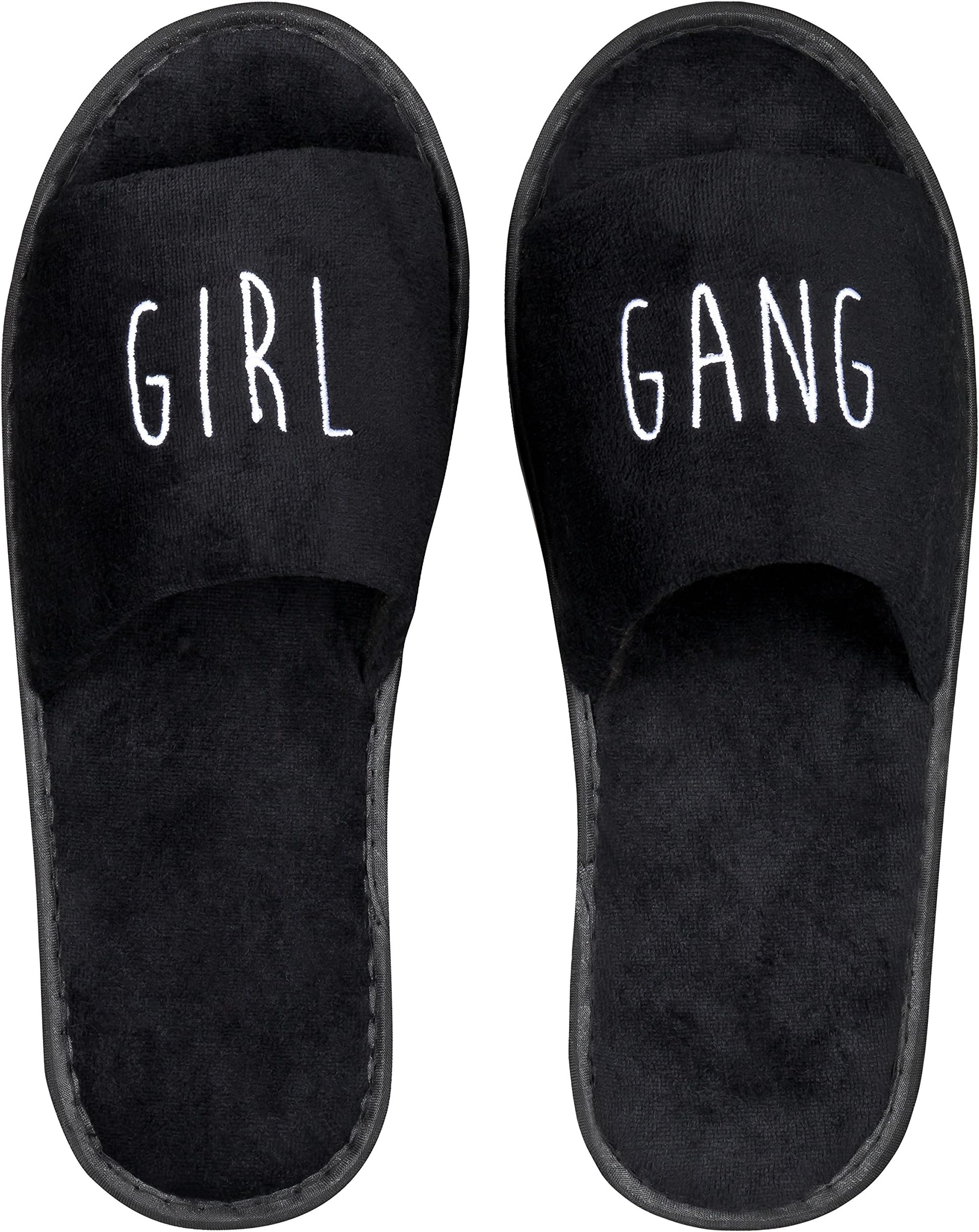 likalla Velvet Hotel Slippers in Black, White Pink Statement Embroidery GRL PWR, Girl Gang, boss Babe, Open Toe - Single Packs 5/10 Pairs