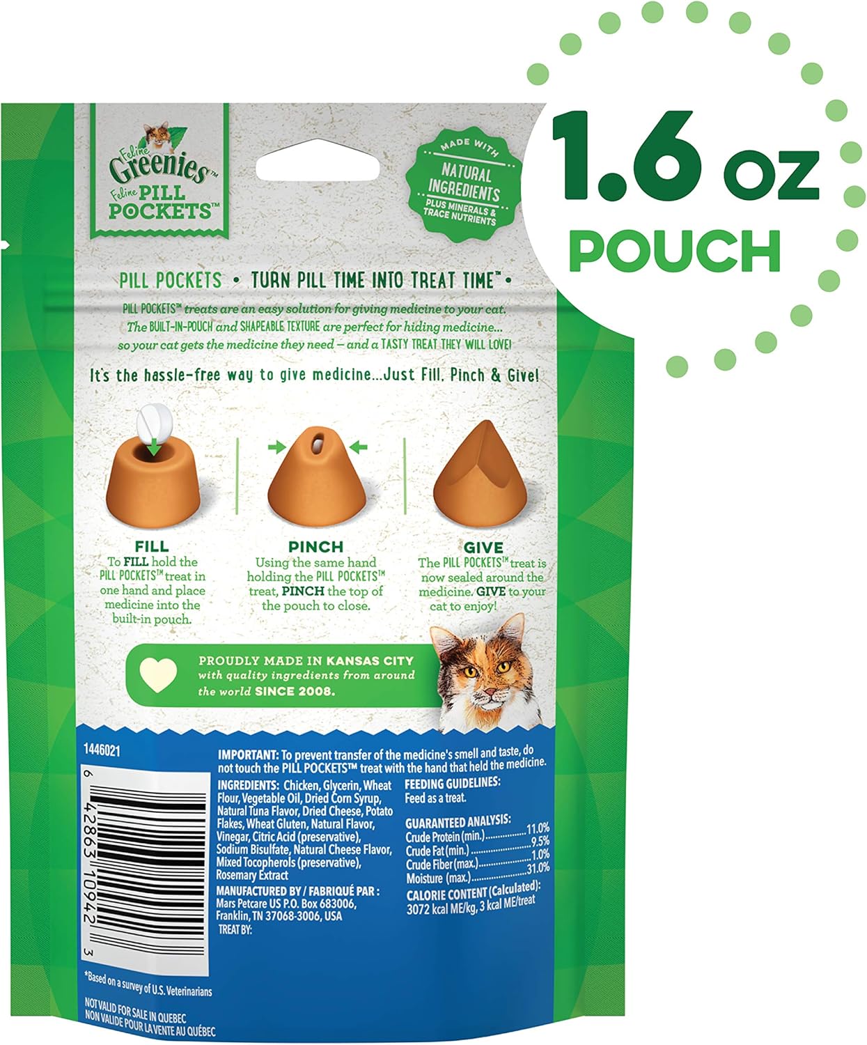 FELINE GREENIES PILL POCKETS for Cats Natural Soft Cat Treats, Tuna & Cheese Flavor, 1.6 oz. Pack (45 Treats) : Pet Supplies