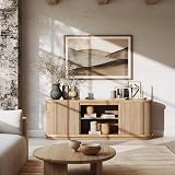 BELLEZE 67" Fluted TV Stand, Curved Entertainment Center with Sliding Tambour Doors, Media Console Table for TV up to 75" for Living Room (Camel)