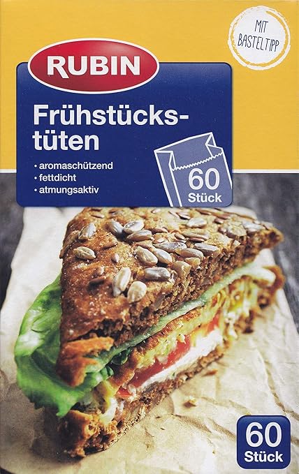 Rubin 60 Stück Butterbrot Frühstückstüten aus Papier, aromaschützend, fettdicht, atmungsaktiv, 12,5 cm + 6,5 cm x 20 cm
