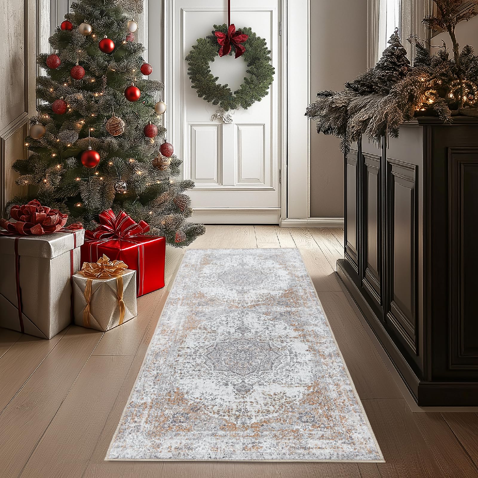 TOPICK Runner Rug Washable Hallway Runner Floral Taupe Kitchen Rug Lightweight Non Slip Carpet for Bathroom Bedroom Entrance 60x240cm