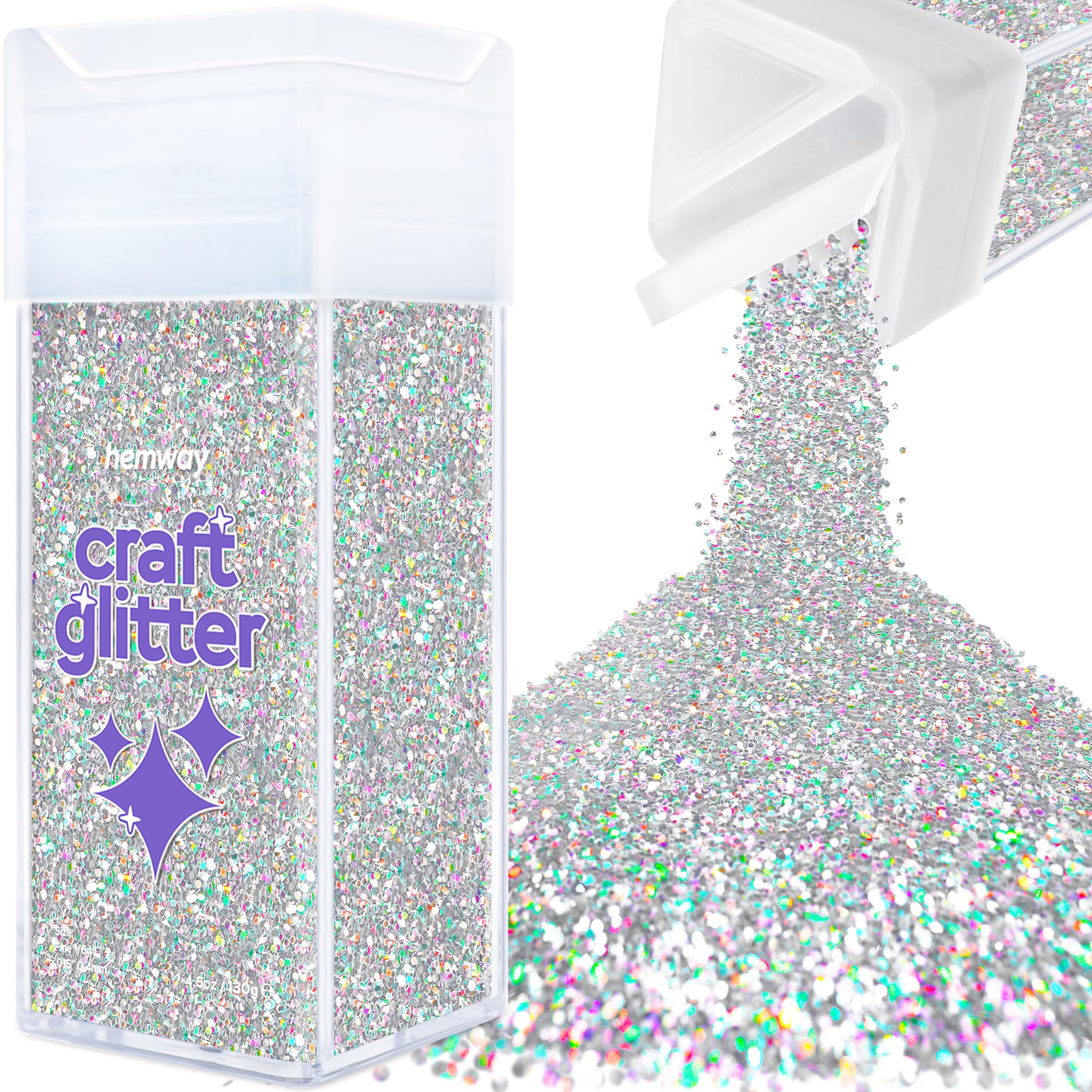 Hemway Glitter Shaker Silver Holographic 110g Fine, Craft Glitter Shaker for Resin & Epoxy Crafts, Christmas Art Supplies, Nail, Body, Face, Eye, Festival, Crafting, Slime, Sparkle