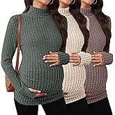 Sweetyweee 3 Pack Maternity T-Shirts Pregnancy Tops Women Sweater Long Sleeve Turtleneck Ribbed Finger Sleeve Outfits