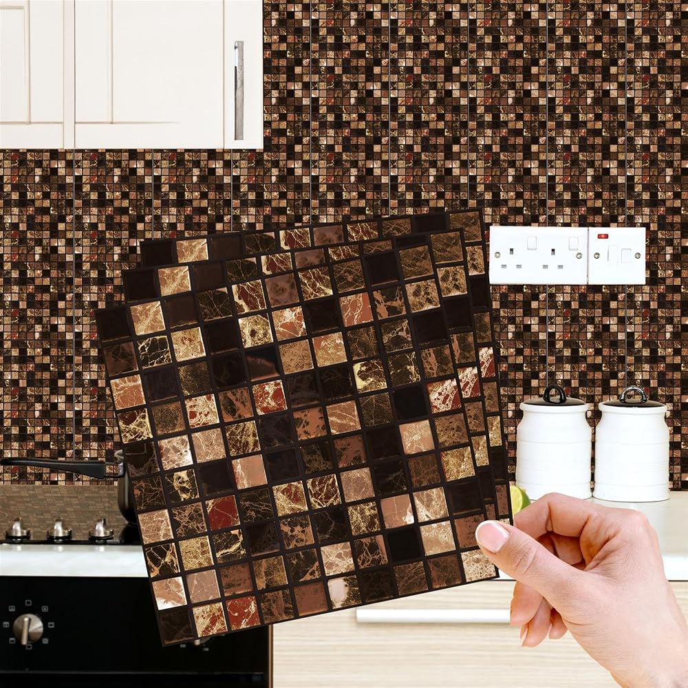 WALPLUS 48 Pack 15cm Metallic Brown Marble Mosaic Tile Stickers