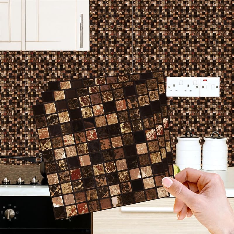 WALPLUS 48 Pack 15cm Metallic Brown Marble Mosaic Tile Stickers