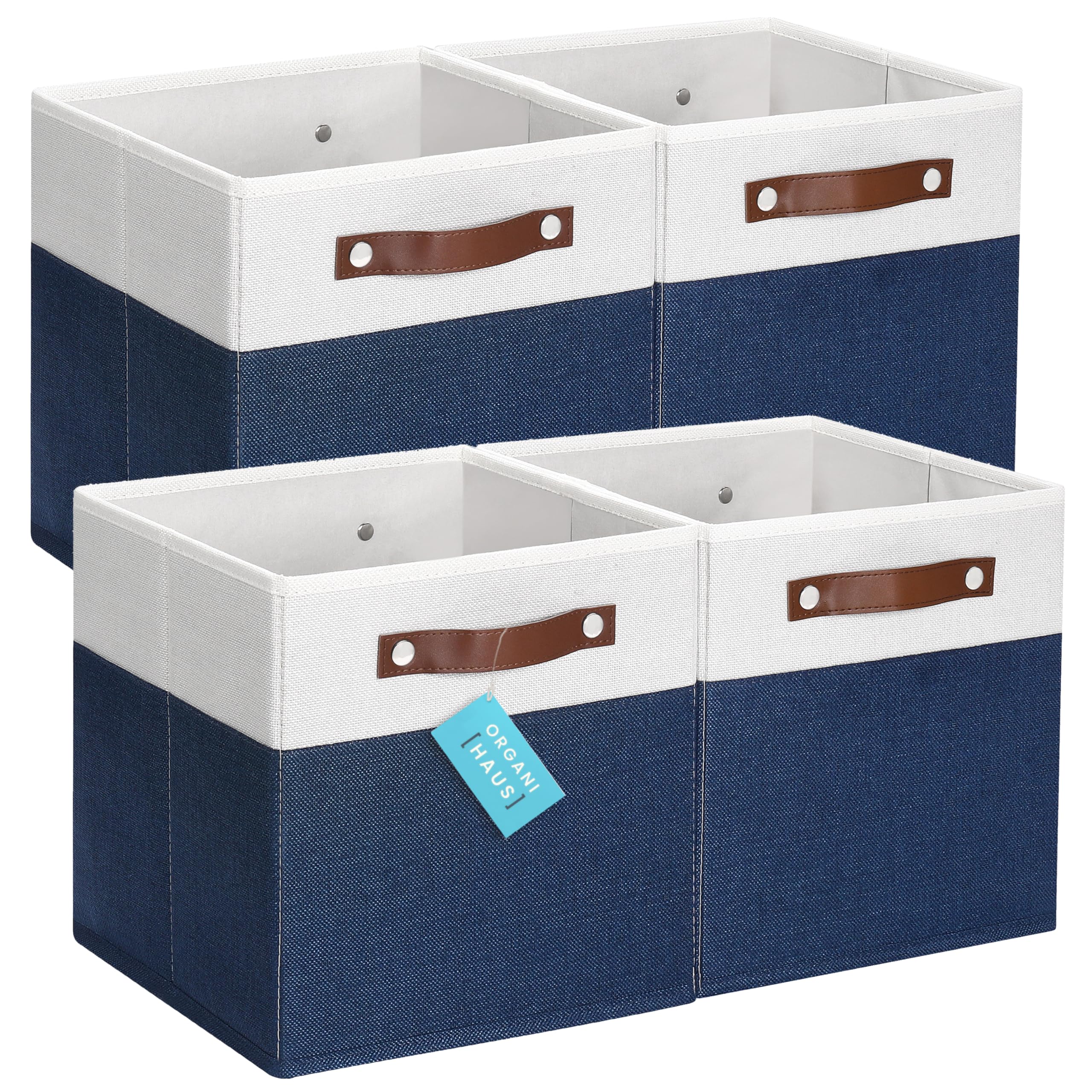Photo 1 of OrganiHaus 11x11 Fabric Cubes Storage Bins Set of 4, Foldable Collapsible Fabric Storage Bins for Organizer, Cubbies Organizer for Kallax, Linen Cube Shelf Baskets, Toy Organizing boxes - Navy Blue