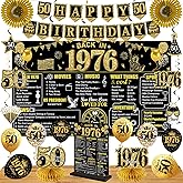 50th Birthday Decorations Kit for Men Women, Black Gold 24PCS Back in 1976 Banner Decorations, Vintage 1976 Banner Wooden Table Sign Poster Hanging Swirl Balloons Paper Fans Cheers to 50 years