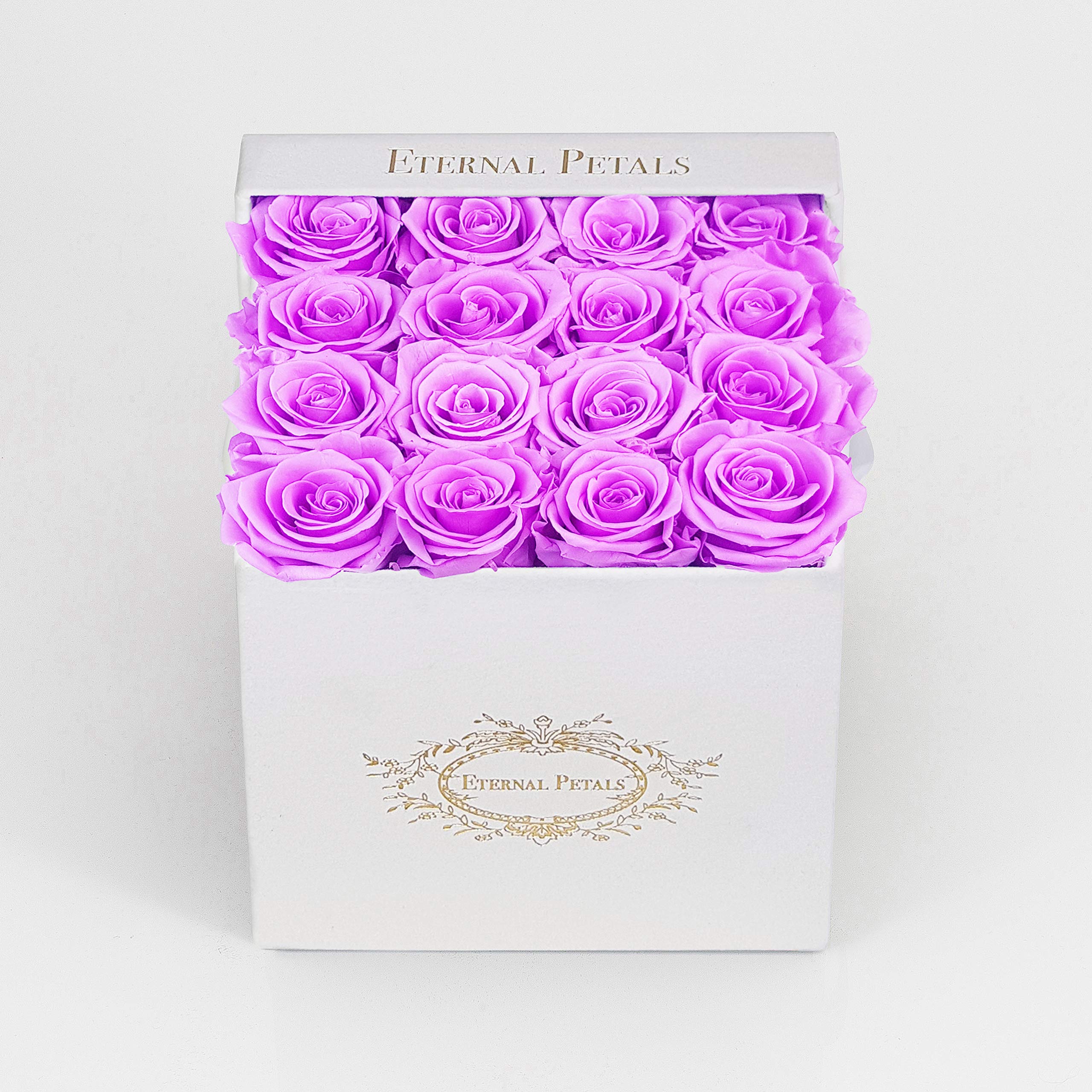 Real Roses That Last Years - Eternal Petals, Handmade in UK – 16 roses, Square White Flower Box (Lilac)