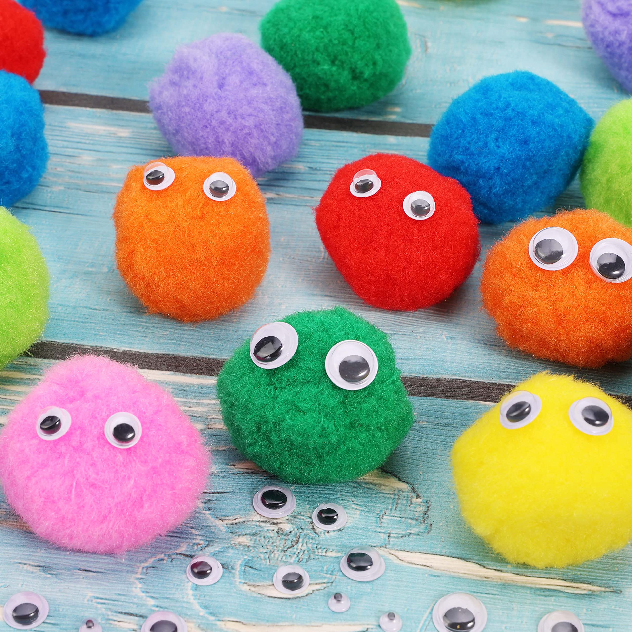 Caydo [130pcs] 30pcs 2 Inch Large Pom Poms with 100pcs Wiggly Eyes, Multicolor Pompoms for Arts and Crafts Kids DIY Projects