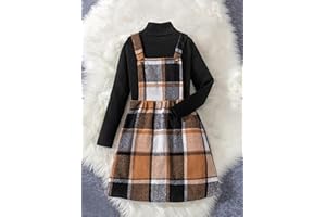Girls Turtleneck Ribbed Long Sleeve Top Plaid Suspender Skirt Outfit Set Check Pinafore Jumper Skirt Slim Fit Base Layer