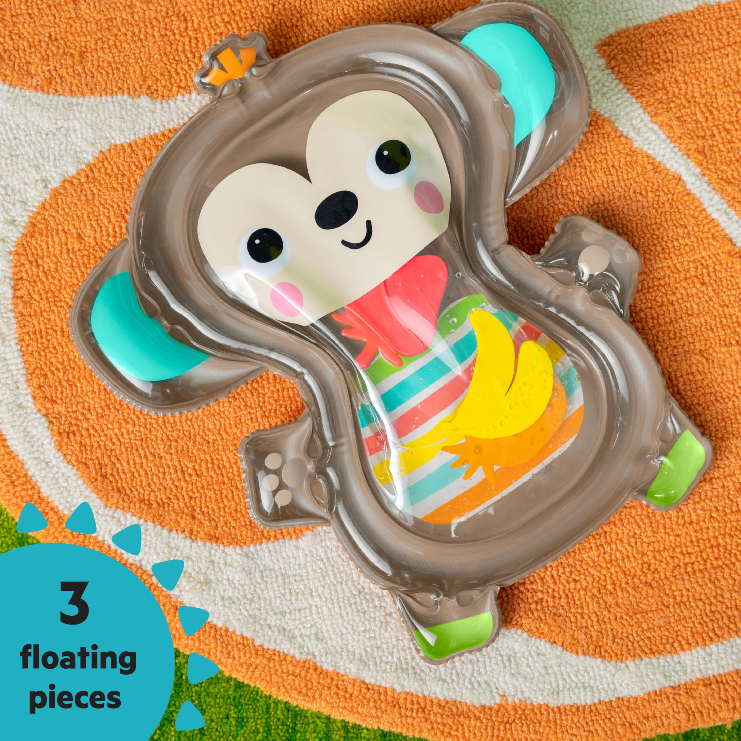 Bright Starts Hungry Monkey Water Mat, Baby Play Mat, Inflatable Sensory Toy for Infants Age 0-6 Months