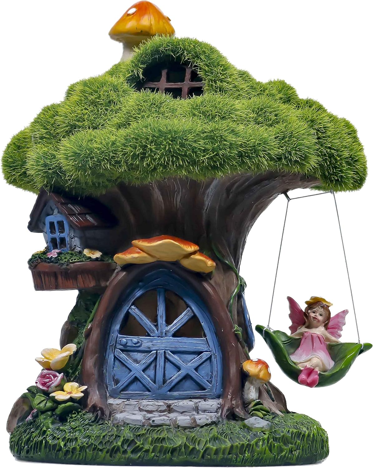 TERESA'S COLLECTIONS 7.7 Inch Flocked Tree Fairy Garden House Statue with Mushroom, Solar Powered Garden Lights Fairy Garden Figurines Cottage for Outdoor Patio Yard Decorations (Resin)