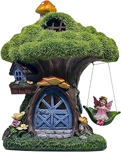 TERESA'S COLLECTIONS 7.7 Inch Flocked Tree Fairy Garden House Statue with Mushroom, Solar Powered Garden Lights Fairy Garden Figurines Cottage for Outdoor Patio Yard Decorations (Resin)