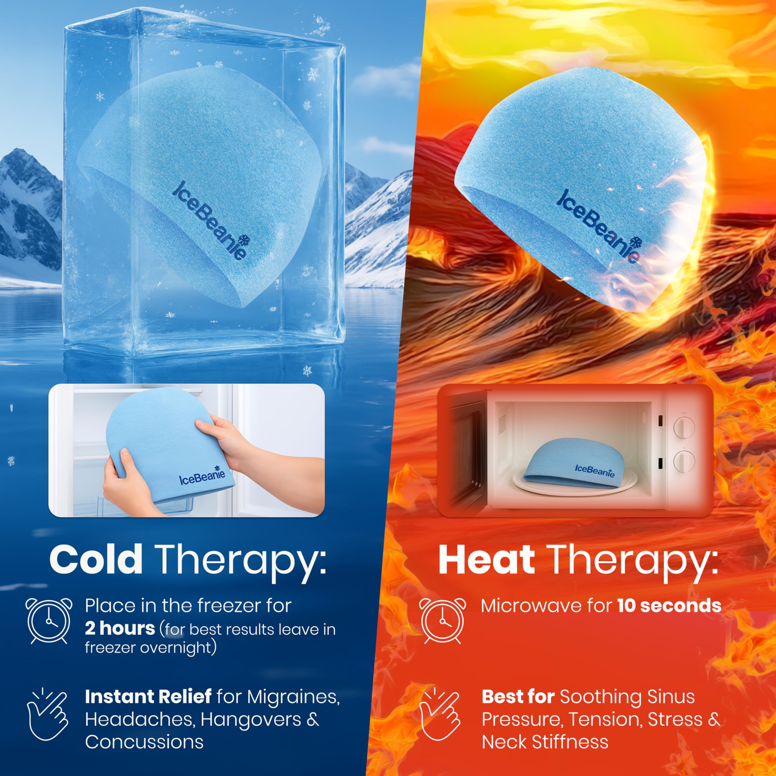 IceBeanie Migraine Relief Cap, As Seen on Shark Tank, Soft & Stretchy Gel Tension Headache Relief Cap, Extended Cooling Hangover Ice Hat, Odorless Head Wrap Ice Pack Wrap, Headache Migraine Mask