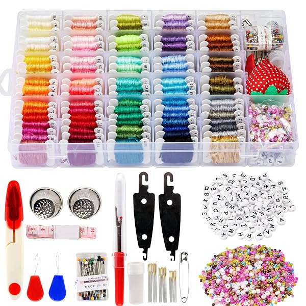 XMZCOLA EMBROIDERY KIT FOR BEGINNERS ADULTS,1200 PCS + FRIENDSHIP BRACELET STRING KITS WITH STORAGE BOX,95 COLORS EMBROIDERY THREAD AND 1000 CRAFTS BEADS,EMBROIDERY FLOSS AND ACCESSORIES