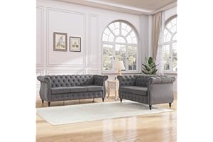 Tbfit Chesterfield 2 Piece Living Room Sectional Sofa Set with Rolled Arms, Classic Button Tufted Sofa with Nailhead Trim, Upholstered Chesterfield Couch with Gourd Wooden Legs, Bedroom, Grey