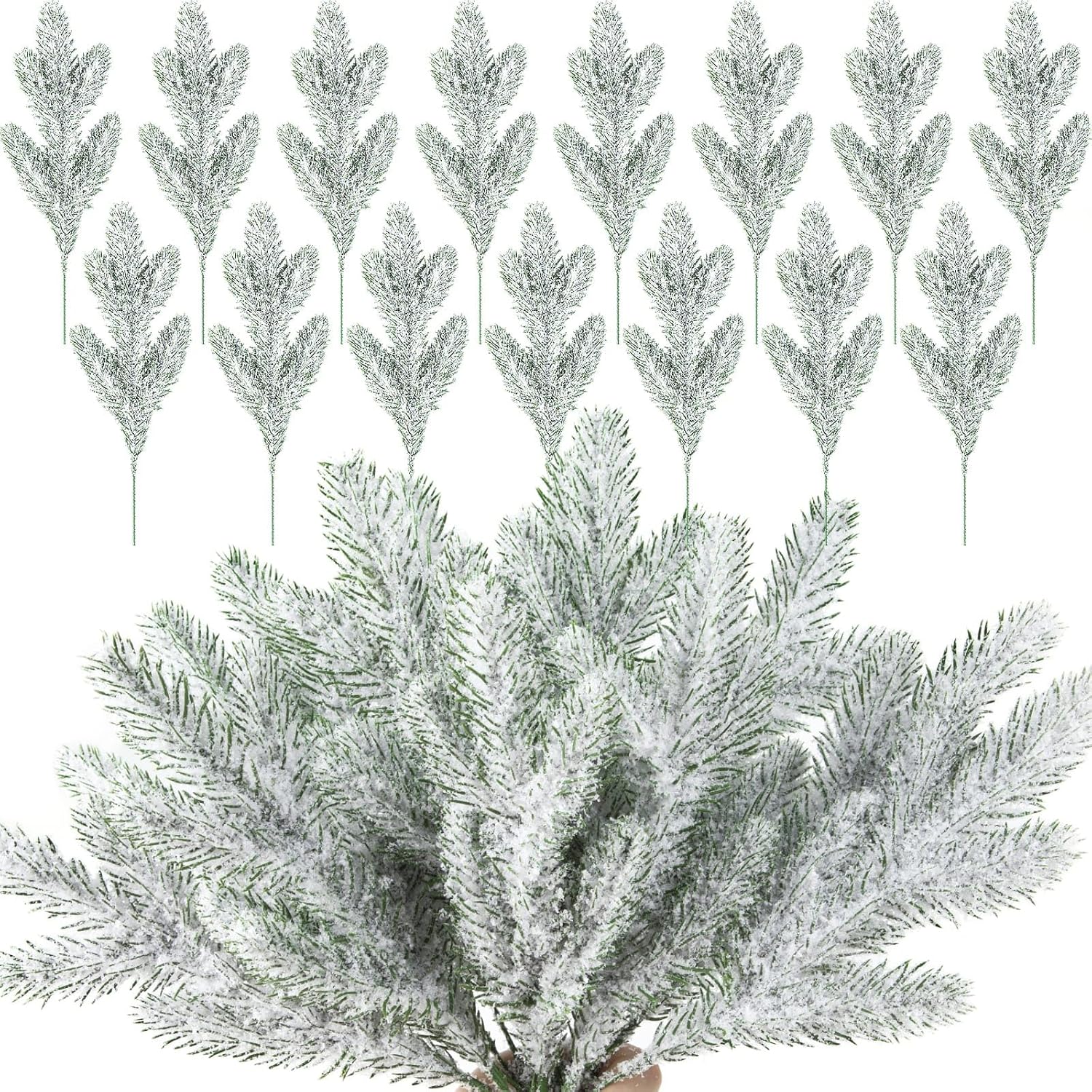 Artificial Snow - 15Pcs Snowy Artificial Pine Needles Christmas Fake Greenery Tree Branches Fake Frosted Pine Picks Artificial Snow Frosted Christmas Greenery Stems for DIY Garland Crafts Winter Party Decorations