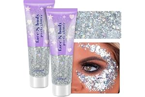 LINWULTE Body Glitter Gel, 2 Jars Face Glitter Gel Sequins Shimmer for Hair, Lip, Eyeshadow, Nails, Chunky and Powder Mixed Glitter Gel, Holographic Cosmetic Flakes for Festival, Glitter Makeup 120ml (Silver)