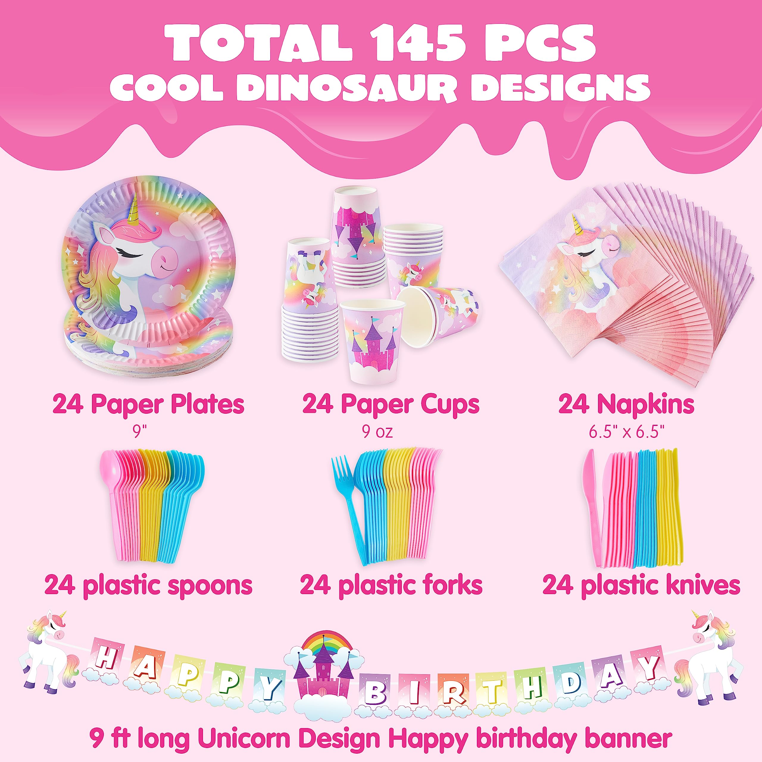 JOYIN 145 Pcs Unicorn Birthday Party Supplies with Unicorn Banner for Girls, 24 Serves Unicorn Disposable Tableware Set with Plates , Cups, Napkins, and Cutlery Sets for Unicorn Themes Party Kids