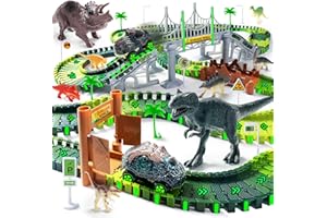 COROIESTY 218 PCS Race Tracks Dinosaur Toys for Kids 3-5, Glow in The Dark Magic Toy Set, 2 Dinosaur Cars Track, Flexible DIY Track Set, Birthday Gift for Age 3-9 Boys Toddler Girls