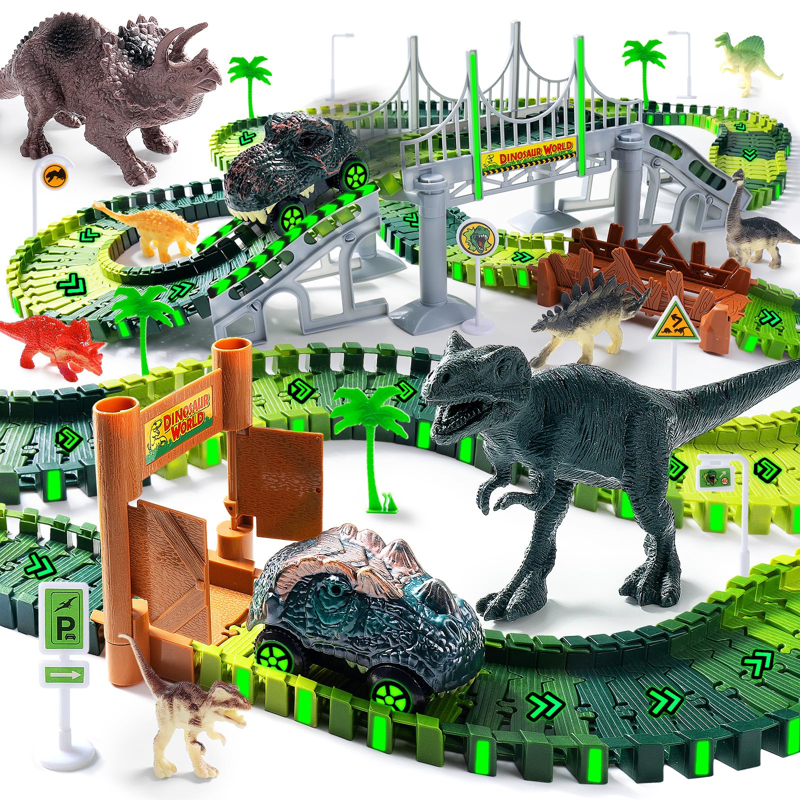 Photo 1 of 218 PCS Race Tracks Dinosaur Toys for Kids 3-5, Glow in The Dark Magic Toy Set, 2 Dinosaur Cars Track, Flexible DIY Track Set, Birthday Gift for Age 3-9 Boys Toddler Girls