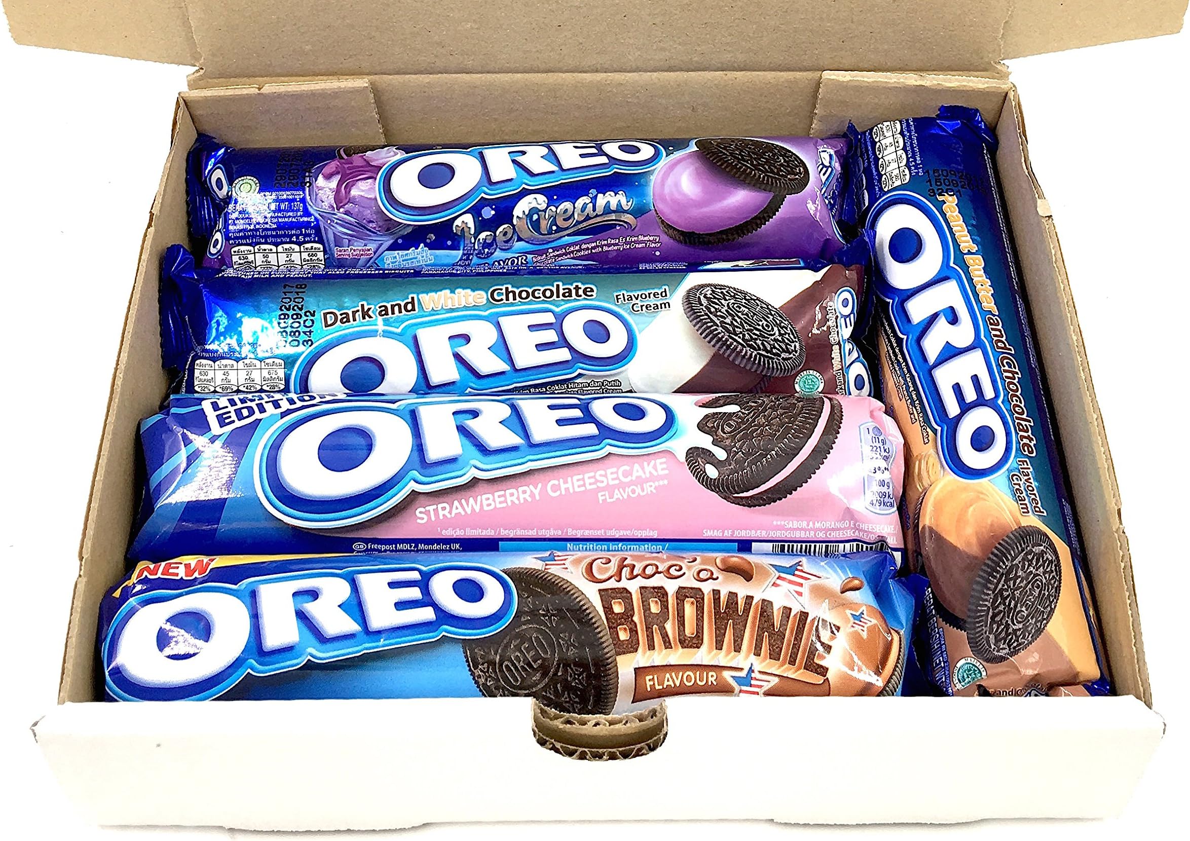 Assorted Pack of Chocolate Snacks Peanut Butter Perfect Birthday Gift Idea in vintage cardboard box Box Oreo Strawberry cheesecake, double de light, choc brownie, icecream blueberry, dark and white