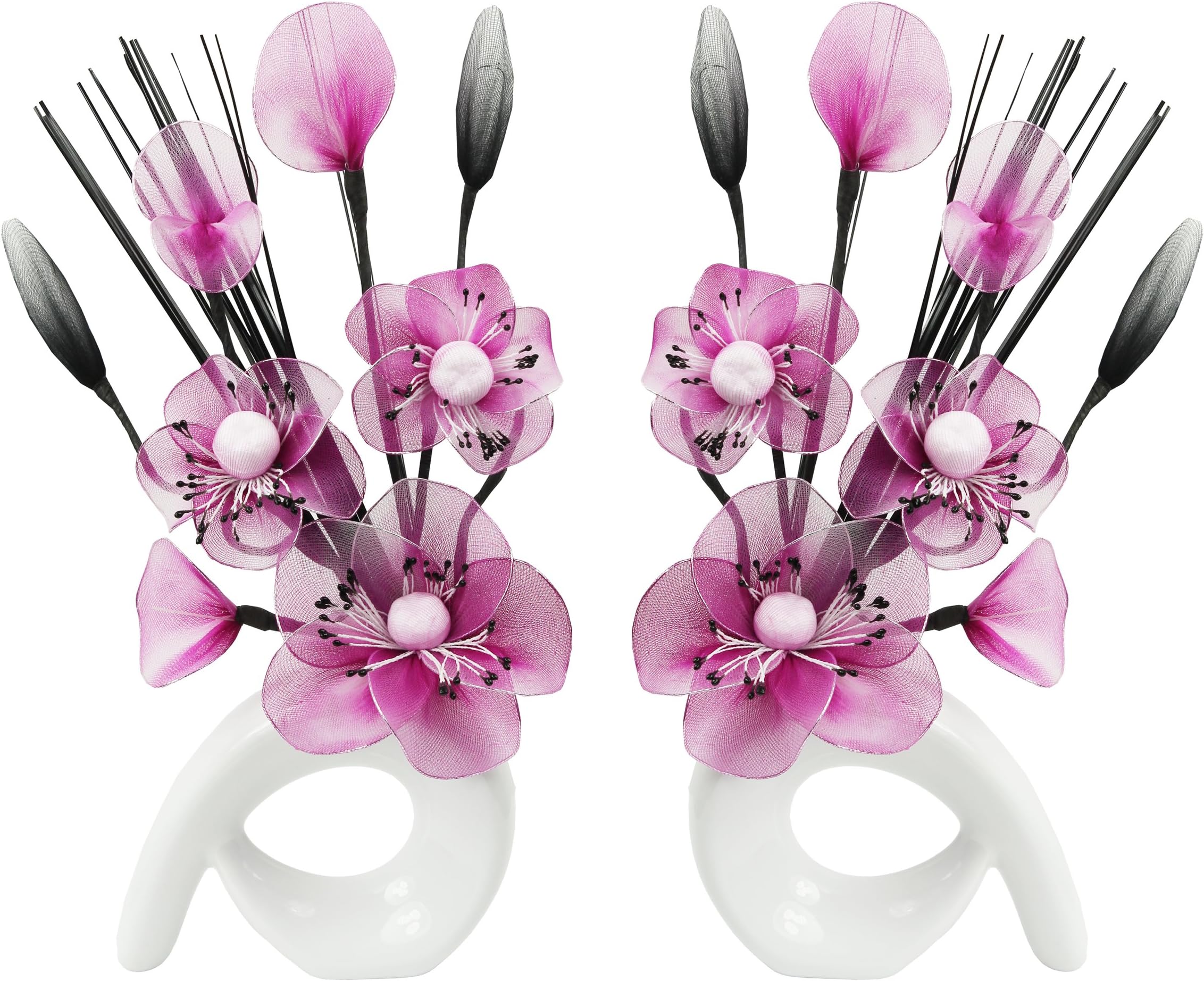 Flourish 794729 QH1 Matching Pair of White Vases with Pink and White Nylon Artificial Flowers in Vases Ornaments Small Gift Home Accessories 32cm